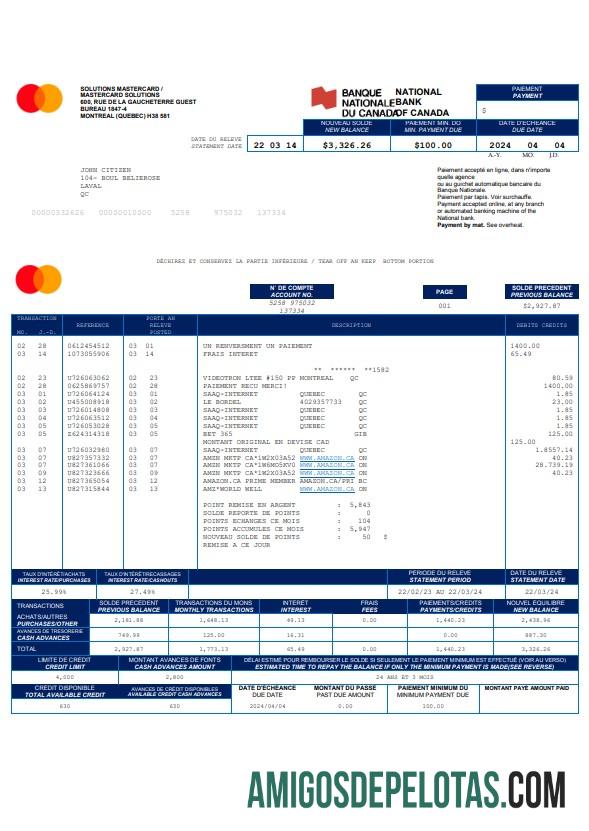 Modelo Word e PDF para download do extrato bancário do Banco Nacional do Canadá do Canadá